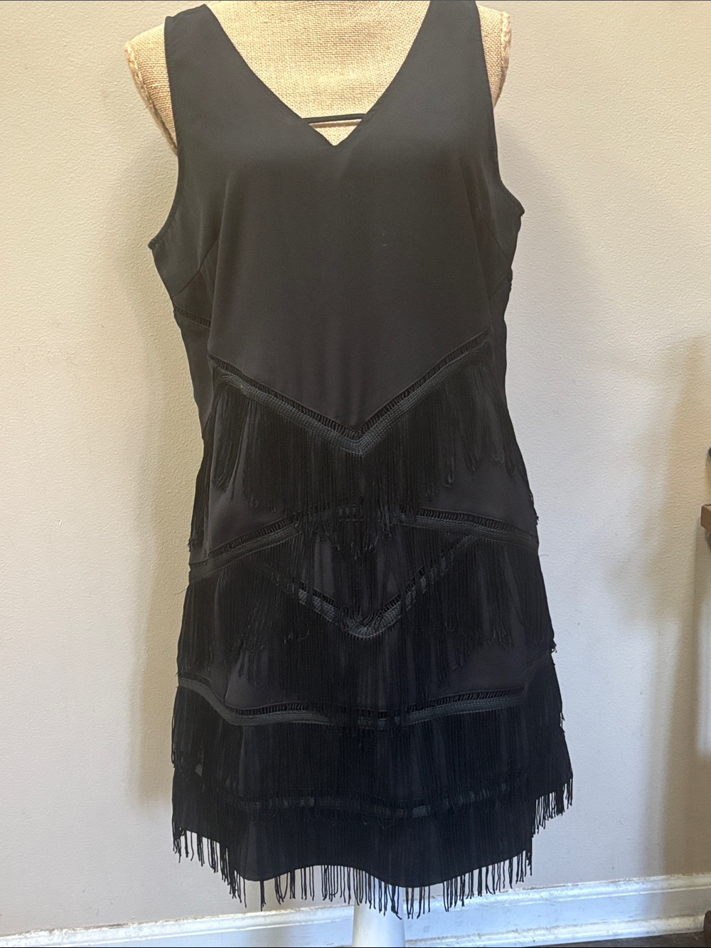 Skies Are Blue Black Fringe V-Neck Mini Dress